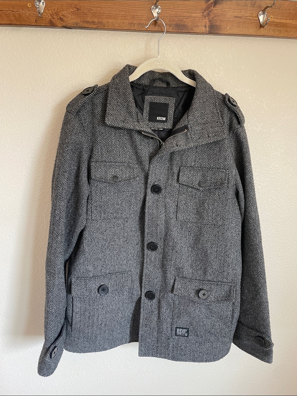 KR3W Men’s Gray Herringbone Military-Style Field Jacket XL Pea Coat Tweed Fall